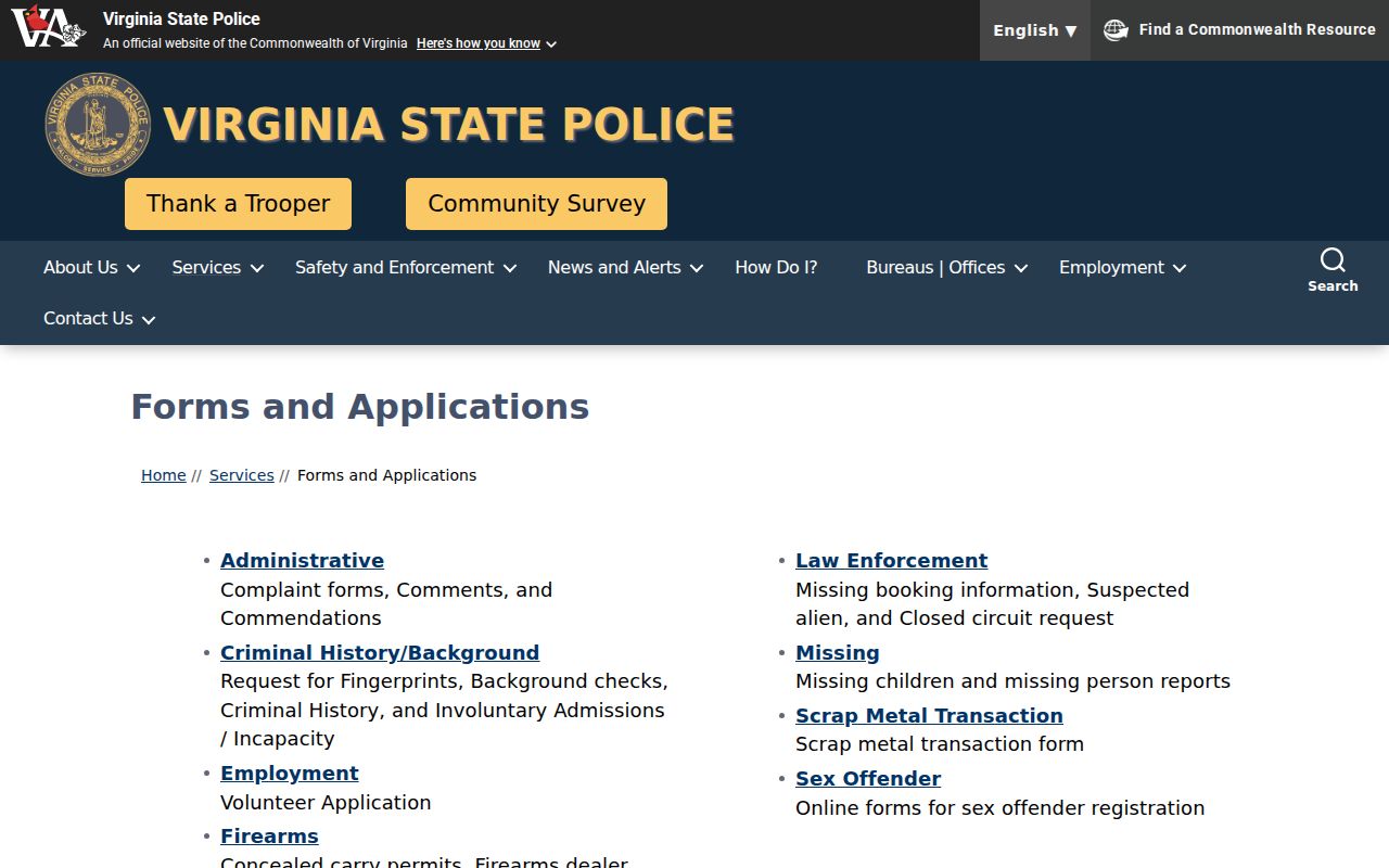 Clarke County sex offender registry documents on Virginia State Police forms page
